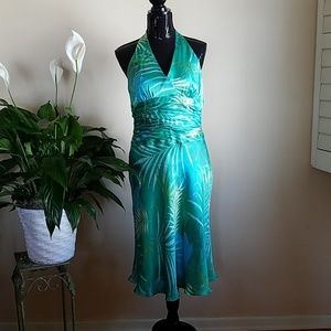 Tropical print halter dress.